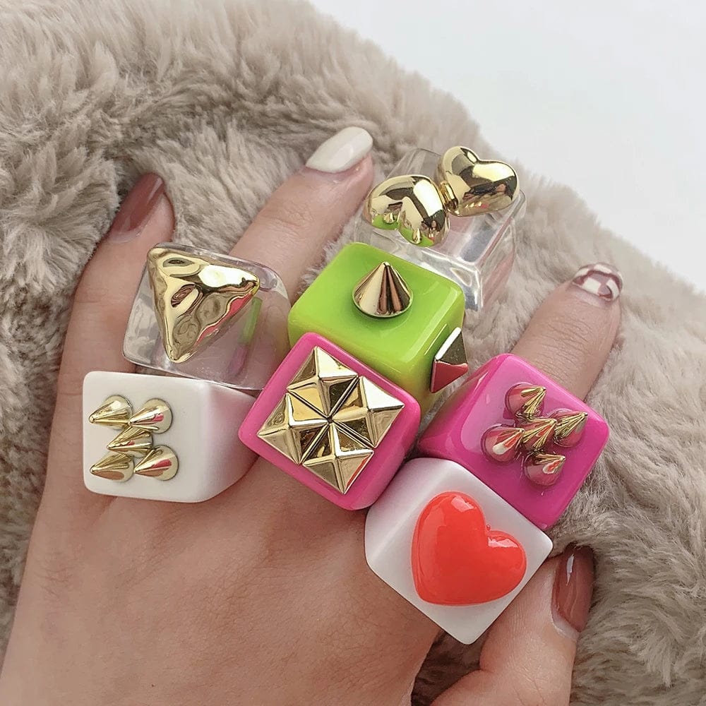 Eleganza Italiana Fashion Strawberry Cherry Heart Geometric Square Resin Acrylic Big Chunky Rings Set for Women Flower Finger Ring Y2K Jewelry Streetwear high fashion shein amazon temu target Walmart online