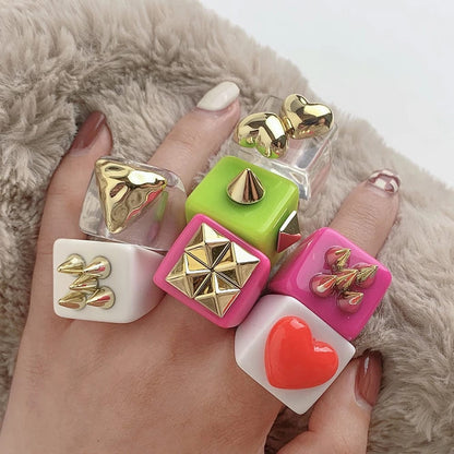 Eleganza Italiana Fashion Strawberry Cherry Heart Geometric Square Resin Acrylic Big Chunky Rings Set for Women Flower Finger Ring Y2K Jewelry Streetwear high fashion shein amazon temu target Walmart online