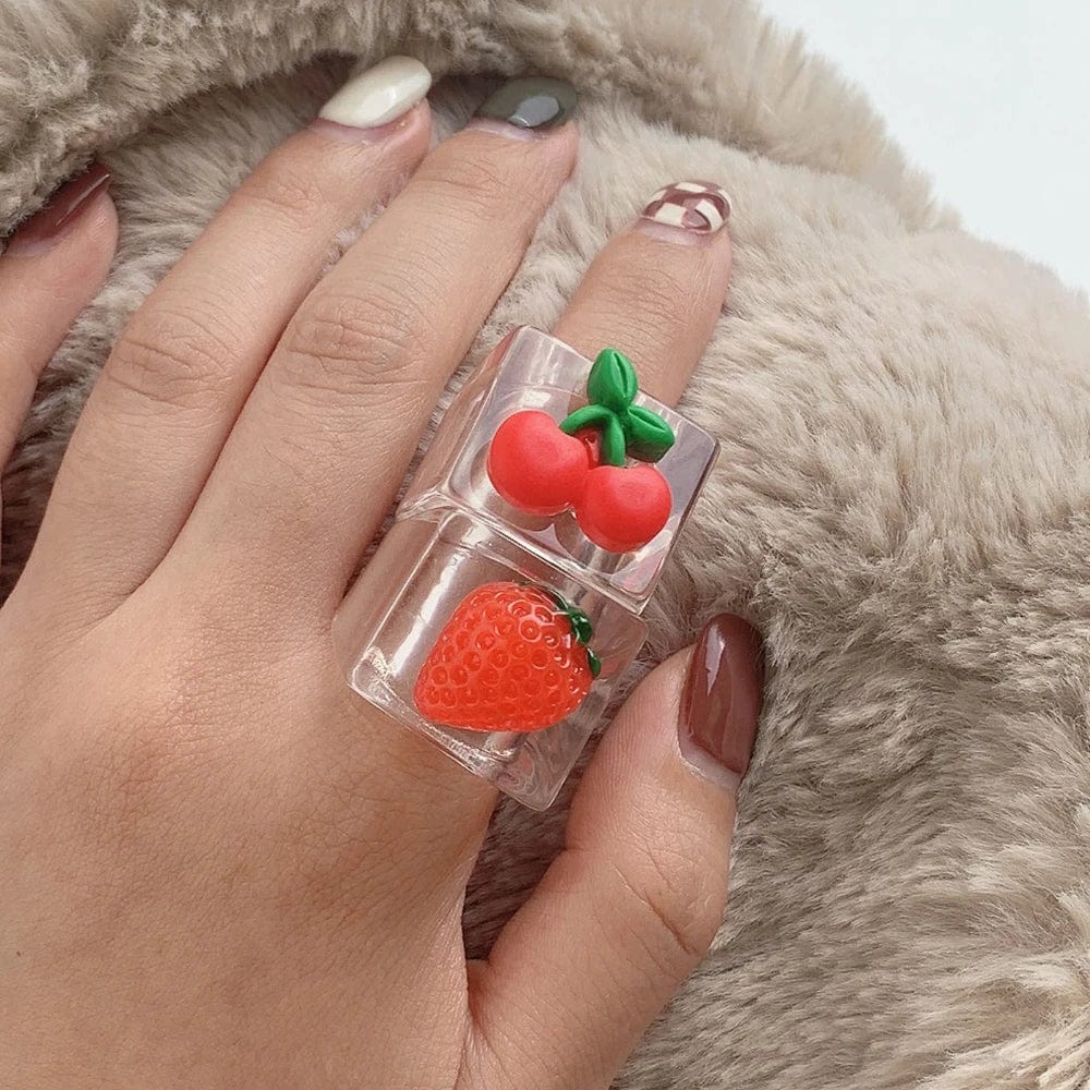 Eleganza Italiana Fashion Strawberry Cherry Heart Geometric Square Resin Acrylic Big Chunky Rings Set for Women Flower Finger Ring Y2K Jewelry Streetwear high fashion shein amazon temu target Walmart online