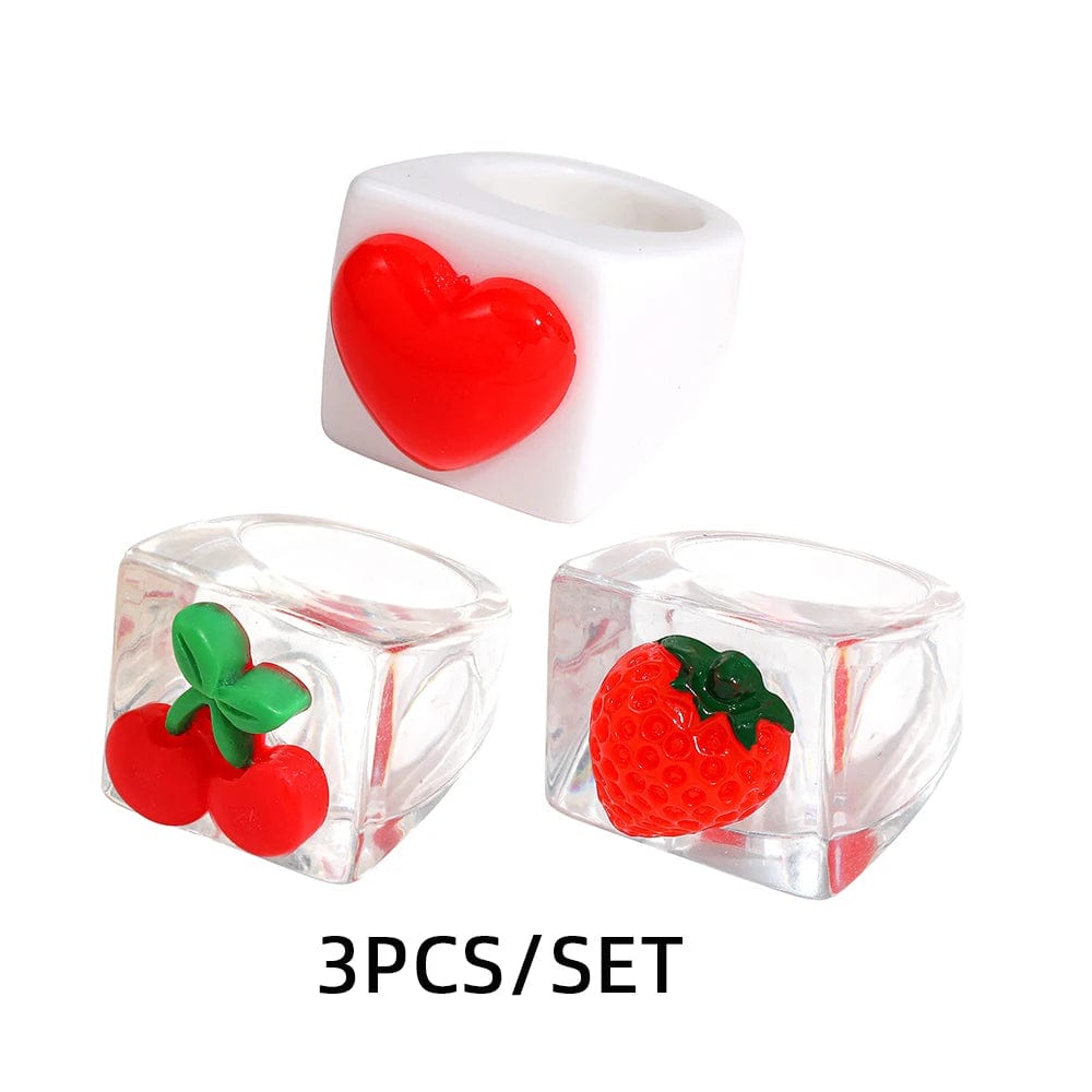 Eleganza Italiana Fashion Strawberry Cherry Heart Geometric Square Resin Acrylic Big Chunky Rings Set for Women Flower Finger Ring Y2K Jewelry Streetwear high fashion shein amazon temu target Walmart online