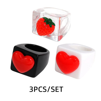 Eleganza Italiana Fashion Strawberry Cherry Heart Geometric Square Resin Acrylic Big Chunky Rings Set for Women Flower Finger Ring Y2K Jewelry Streetwear high fashion shein amazon temu target Walmart online