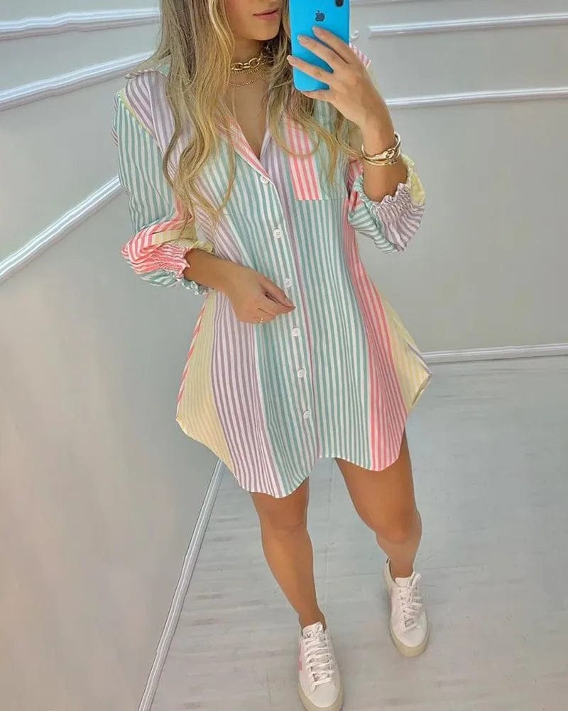 Eleganza Italiana Fashion Striped Long Sleeve Buttons Women Shirt Dress Women 2023 Summer Fall Clothes Print Long Tops Femme Blouses Woman Shirts Streetwear high fashion shein amazon temu target Walmart online