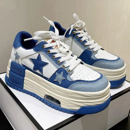 Eleganza Italiana Fashion Y2k Star Contrast Denim Canvas Shoes Women Men Lace Up Thick Sole Platform Sneakers Blue Black Tennis Woman Shoes 2023 Streetwear high fashion shein amazon temu target Walmart online