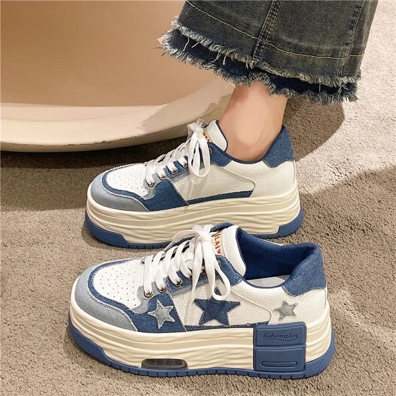 Eleganza Italiana Fashion Y2k Star Contrast Denim Canvas Shoes Women Men Lace Up Thick Sole Platform Sneakers Blue Black Tennis Woman Shoes 2023 Streetwear high fashion shein amazon temu target Walmart online