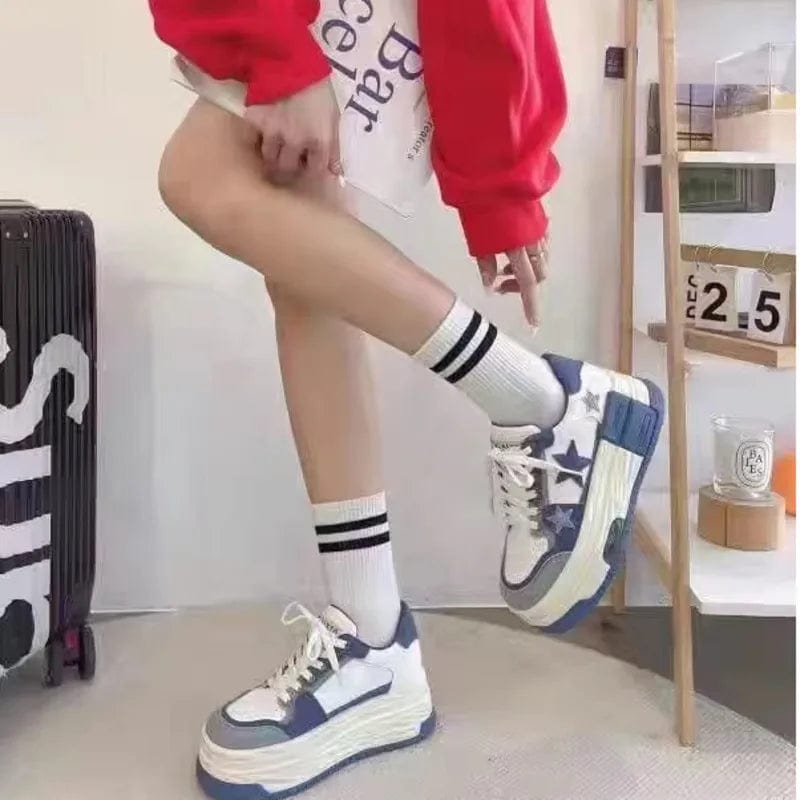 Eleganza Italiana Fashion Y2k Star Contrast Denim Canvas Shoes Women Men Lace Up Thick Sole Platform Sneakers Blue Black Tennis Woman Shoes 2023 Streetwear high fashion shein amazon temu target Walmart online