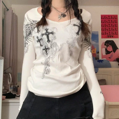 Eleganza Italiana Floral y2k Crop Tops Ribbed Knitted Grunge Fairycore T Shirt White Frill Long Sleeve Pullover Kawaii Autumn Sweet Tee Women Streetwear high fashion shein amazon temu target Walmart online