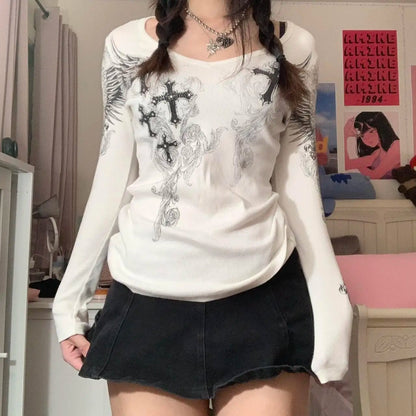 Eleganza Italiana Floral y2k Crop Tops Ribbed Knitted Grunge Fairycore T Shirt White Frill Long Sleeve Pullover Kawaii Autumn Sweet Tee Women Streetwear high fashion shein amazon temu target Walmart online