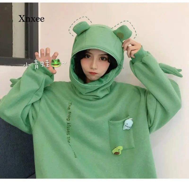 Eleganza Italiana Frog Hoodie Sweatshirt Springtime Embroidery Oversized Men and Women&