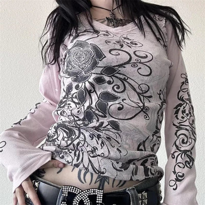 Eleganza Italiana FUFUCAILLM Y2K Women Long Sleeve T-Shirts Floral Print Ribbed V-Neck Spring Fall Casual Slim Fit Tees Shirts Top Streetwear 2024 Streetwear high fashion shein amazon temu target Walmart online