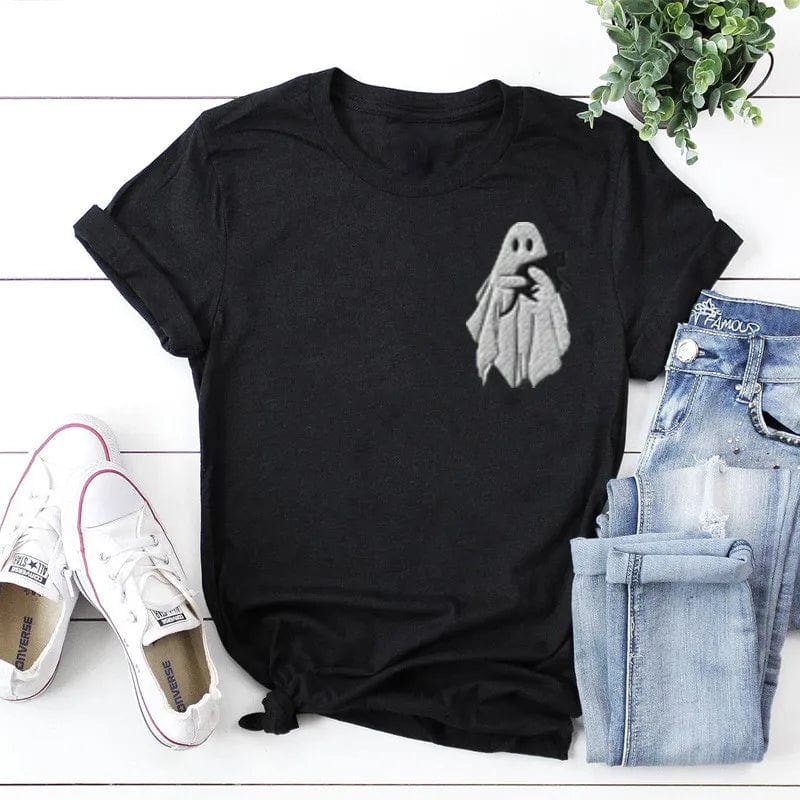 Eleganza Italiana Ghost Halloween Cat Fall for Women Crewneck Ghost Shirt Spooky Season Short Sleeve Top Tees 100% cctton y2k goth Drop Shipping Streetwear high fashion shein amazon temu target Walmart online