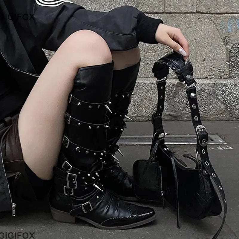 Eleganza Italiana GIGIFOX Biker Boots For Women Buckle Knee High Boots Pointed Toe Punk Motorcycle Goth Fashion Boots Winter Shoes Street Y2k Streetwear high fashion shein amazon temu target Walmart online