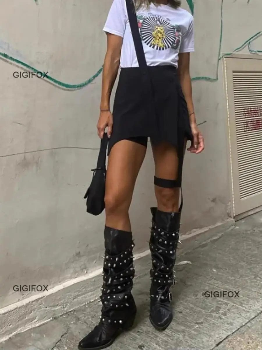 Eleganza Italiana GIGIFOX Biker Boots For Women Buckle Knee High Boots Pointed Toe Punk Motorcycle Goth Fashion Boots Winter Shoes Street Y2k Streetwear high fashion shein amazon temu target Walmart online