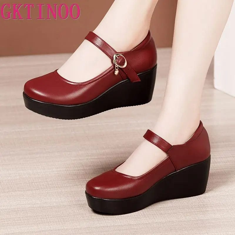 Eleganza Italiana GKTINOO 2024 Spring Leather Shoes Women Platform Wedges Shoe High Heels Round Toe Soft Sole White Women Pumps Large Size 33-43 Streetwear high fashion shein amazon temu target Walmart online