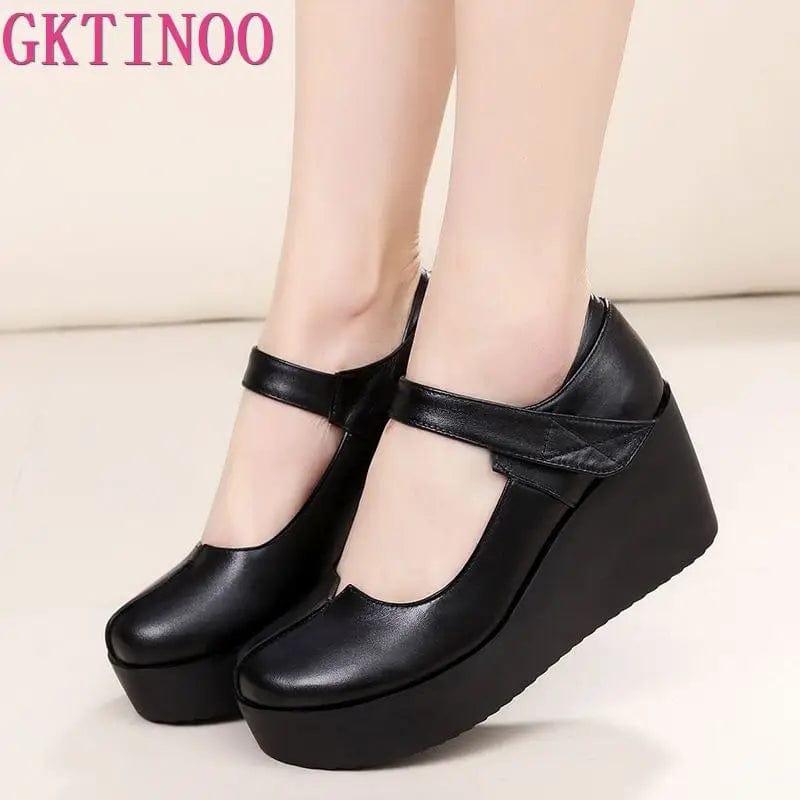 Eleganza Italiana GKTINOO 2024 Spring Leather Women Pumps Platform Wedges Round Toes Ankle Strap Black High Heels Women Shoes Streetwear high fashion shein amazon temu target Walmart online