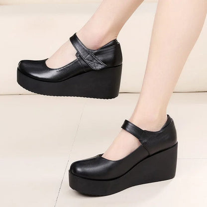 Eleganza Italiana GKTINOO 2024 Spring Leather Women Pumps Platform Wedges Round Toes Ankle Strap Black High Heels Women Shoes Streetwear high fashion shein amazon temu target Walmart online