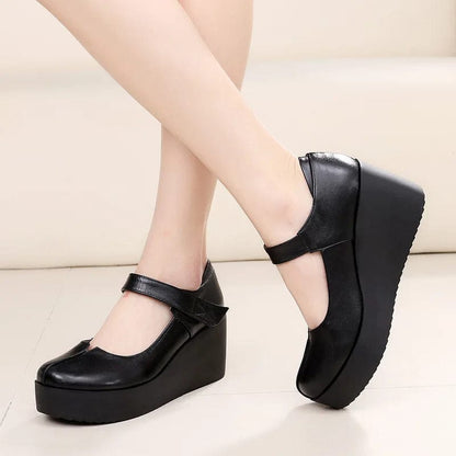 Eleganza Italiana GKTINOO 2024 Spring Leather Women Pumps Platform Wedges Round Toes Ankle Strap Black High Heels Women Shoes Streetwear high fashion shein amazon temu target Walmart online