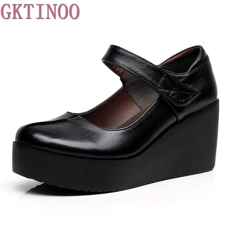 Eleganza Italiana GKTINOO 2024 Spring Leather Women Pumps Platform Wedges Round Toes Ankle Strap Black High Heels Women Shoes Streetwear high fashion shein amazon temu target Walmart online