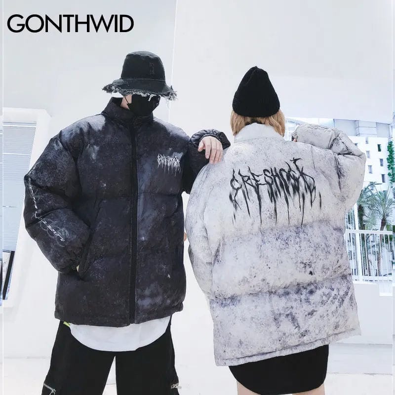 Eleganza Italiana GONTHWID Graffiti Ink Tie Dye Print Cotton Padded Puffer Parka Jackets Streetwear Hip Hop Winter Casual Punk Rock Parkas Hipster Streetwear high fashion shein amazon temu target Walmart online