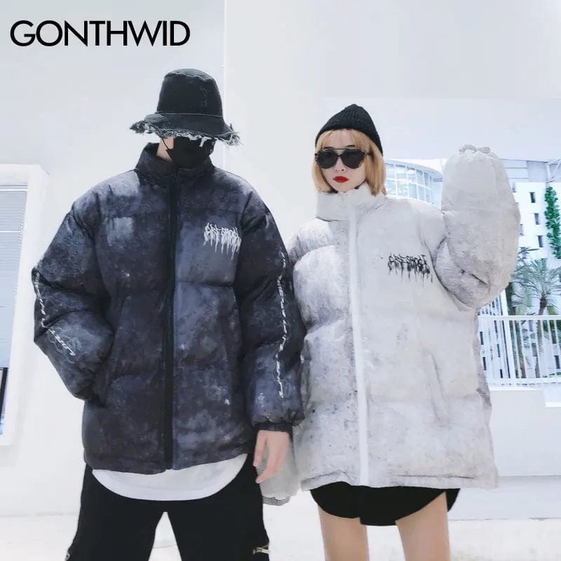 Eleganza Italiana GONTHWID Graffiti Ink Tie Dye Print Cotton Padded Puffer Parka Jackets Streetwear Hip Hop Winter Casual Punk Rock Parkas Hipster Streetwear high fashion shein amazon temu target Walmart online