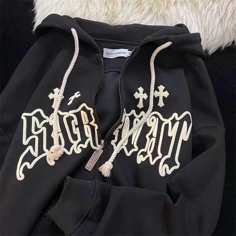 Eleganza Italiana Goth Embroidery Hoodies Women High Street Harajuku Retro Hip Hop Zip Up Hoodie Loose Man Sweatshirt Hoodie Clothes Y2K Hoodie Streetwear high fashion shein amazon temu target Walmart online