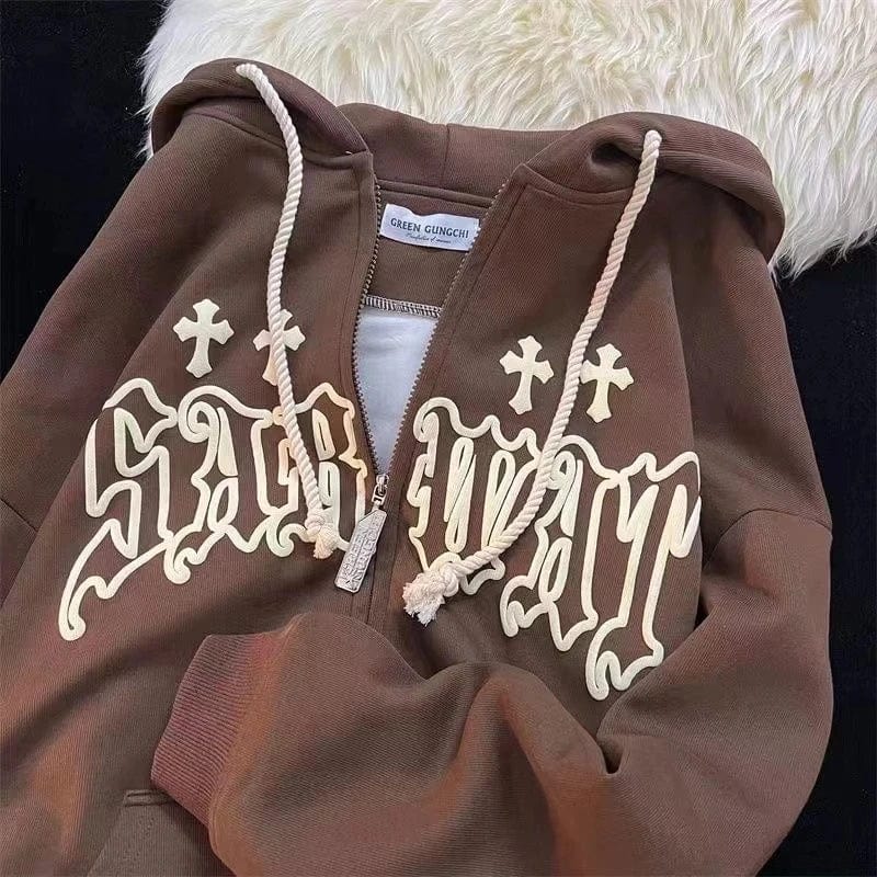 Eleganza Italiana Goth Embroidery Hoodies Women High Street Harajuku Retro Hip Hop Zip Up Hoodie Loose Man Sweatshirt Hoodie Clothes Y2K Hoodie Streetwear high fashion shein amazon temu target Walmart online