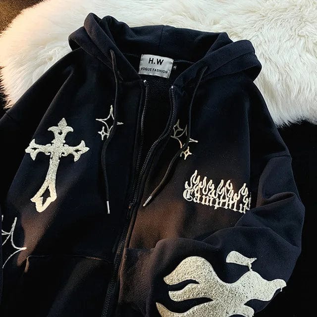 Eleganza Italiana Gothic Embroidery Hoodies Women Retro Harajuku Hip Hop Jacket High Street Zip Up Hoodie Casual Loose Sweatshirt Clothes Y2K Tops Streetwear high fashion shein amazon temu target Walmart online