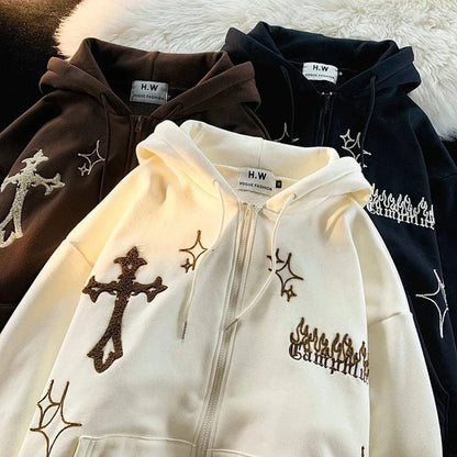 Eleganza Italiana Gothic Embroidery Hoodies Women Retro Harajuku Hip Hop Jacket High Street Zip Up Hoodie Casual Loose Sweatshirt Clothes Y2K Tops Streetwear high fashion shein amazon temu target Walmart online