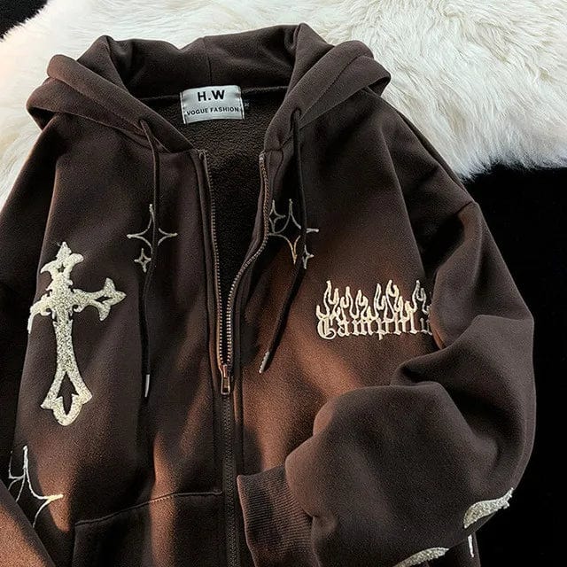 Eleganza Italiana Gothic Embroidery Hoodies Women Retro Harajuku Hip Hop Jacket High Street Zip Up Hoodie Casual Loose Sweatshirt Clothes Y2K Tops Streetwear high fashion shein amazon temu target Walmart online