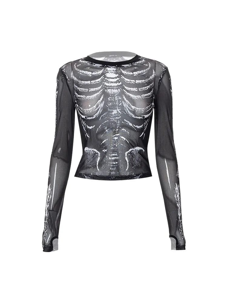 Eleganza Italiana Gothic Punk Shirt 2000s Women Skeleton Pattern Round Neck Long Sleeve Crop Top Black Dark Academia Clothes y2k Tees Streetwear Streetwear high fashion shein amazon temu target Walmart online