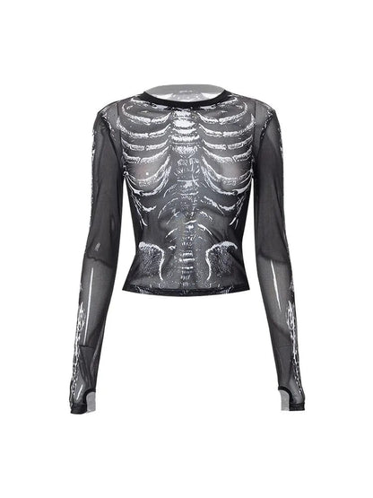 Eleganza Italiana Gothic Punk Shirt 2000s Women Skeleton Pattern Round Neck Long Sleeve Crop Top Black Dark Academia Clothes y2k Tees Streetwear Streetwear high fashion shein amazon temu target Walmart online