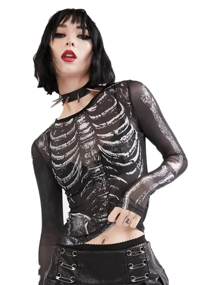 Eleganza Italiana Gothic Punk Shirt 2000s Women Skeleton Pattern Round Neck Long Sleeve Crop Top Black Dark Academia Clothes y2k Tees Streetwear Streetwear high fashion shein amazon temu target Walmart online