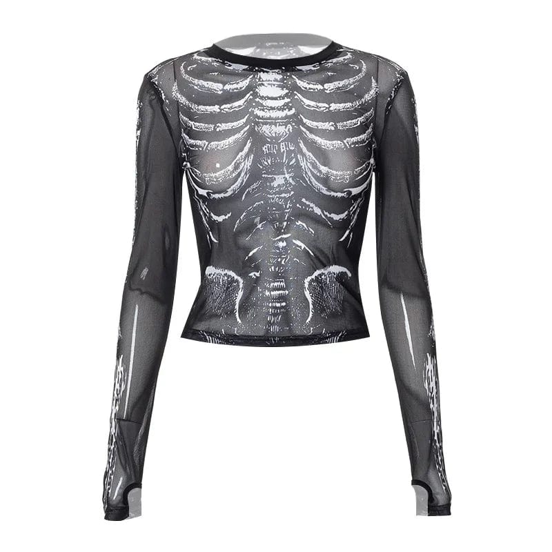 Eleganza Italiana Gothic Punk Shirt 2000s Women Skeleton Pattern Round Neck Long Sleeve Crop Top Black Dark Academia Clothes y2k Tees Streetwear Streetwear high fashion shein amazon temu target Walmart online