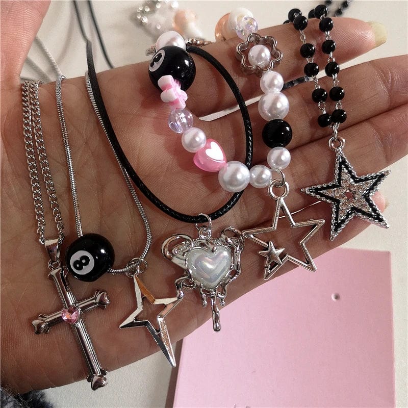 Eleganza Italiana Gothic Star Cross Black 8 Ball Pendant Bead Choker Necklace Neck Grunge Women Y2k EMO 2000s Aesthetic Charm Jewelry Accessories Streetwear high fashion shein amazon temu target Walmart online