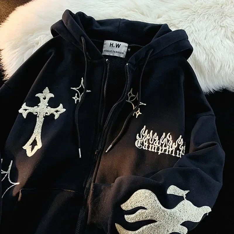 Eleganza Italiana Harajuku Embroidery Sweatshirt Women Oversized Zip-Up Hoodies Gothic Hip Hop Hooded Streetwear Female Hoodie Y2k Full Jacket Streetwear high fashion shein amazon temu target Walmart online