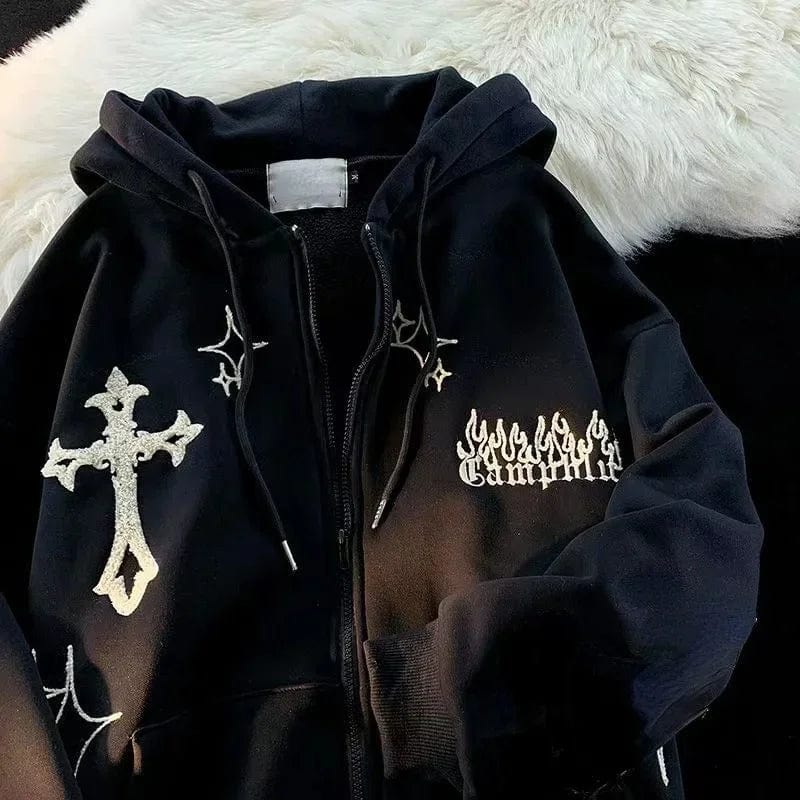 Eleganza Italiana Harajuku Embroidery Sweatshirt Women Oversized Zip-Up Hoodies Gothic Hip Hop Hooded Streetwear Female Hoodie Y2k Full Jacket Streetwear high fashion shein amazon temu target Walmart online