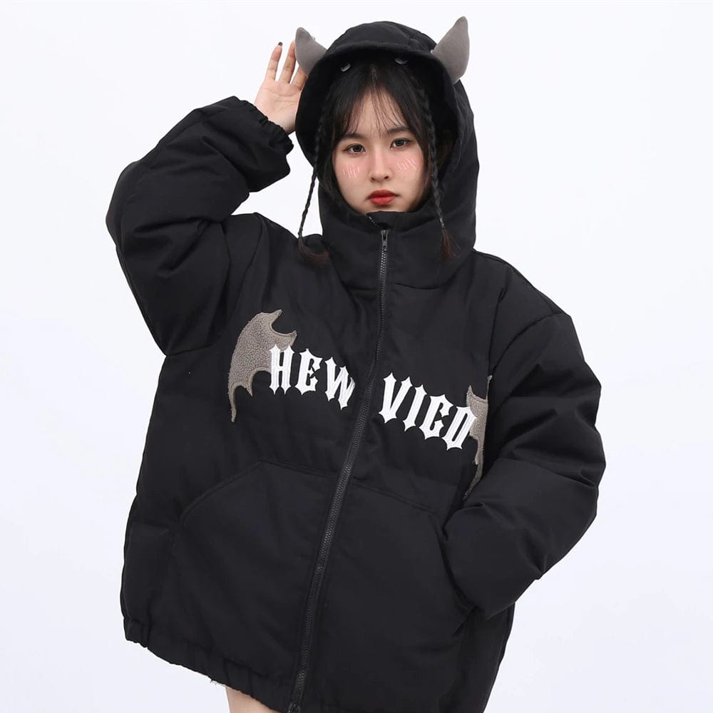 Eleganza Italiana Harajuku Mens Women Goth Y2k Dark Devil Horn Embroidery Quilted Coats Thicken Warm Cotton Jacket Loose Kawaii Winter Clothes Streetwear high fashion shein amazon temu target Walmart online