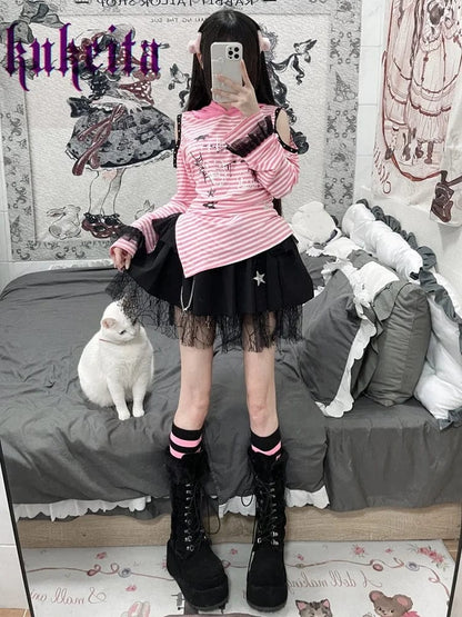 Eleganza Italiana Harajuku Rabbit Ear Hoodies Japanese Kawaii T Shirts Y2k Aesthetic Women T-shirt Gothic Lolita Lace Pink Striped Top Grunge Tees Streetwear high fashion shein amazon temu target Walmart online