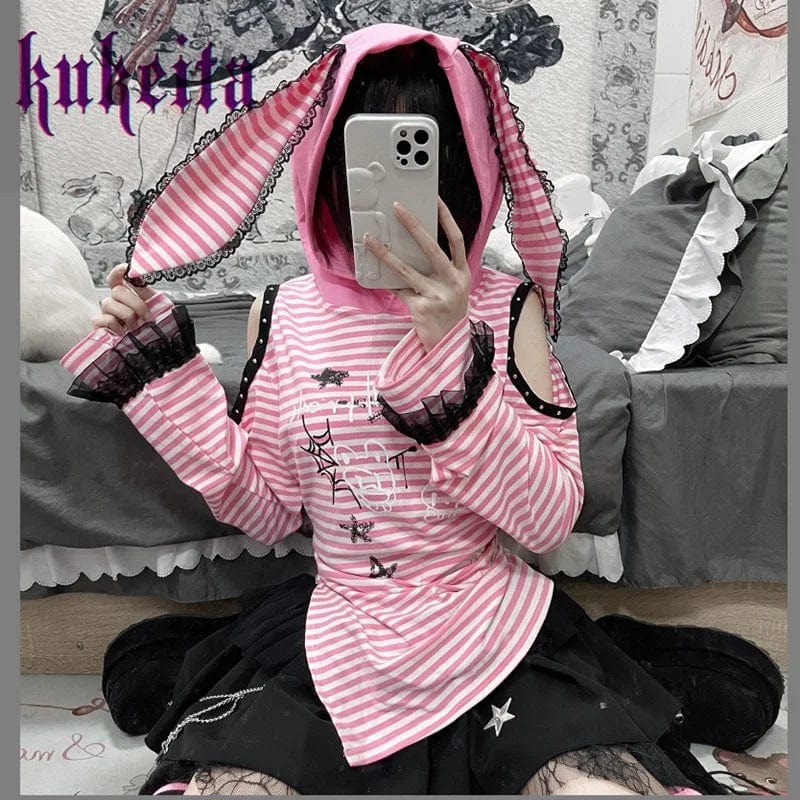 Eleganza Italiana Harajuku Rabbit Ear Hoodies Japanese Kawaii T Shirts Y2k Aesthetic Women T-shirt Gothic Lolita Lace Pink Striped Top Grunge Tees Streetwear high fashion shein amazon temu target Walmart online