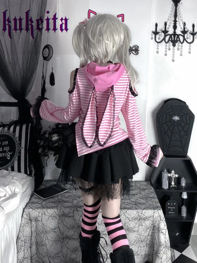 Eleganza Italiana Harajuku Rabbit Ear Hoodies Japanese Kawaii T Shirts Y2k Aesthetic Women T-shirt Gothic Lolita Lace Pink Striped Top Grunge Tees Streetwear high fashion shein amazon temu target Walmart online