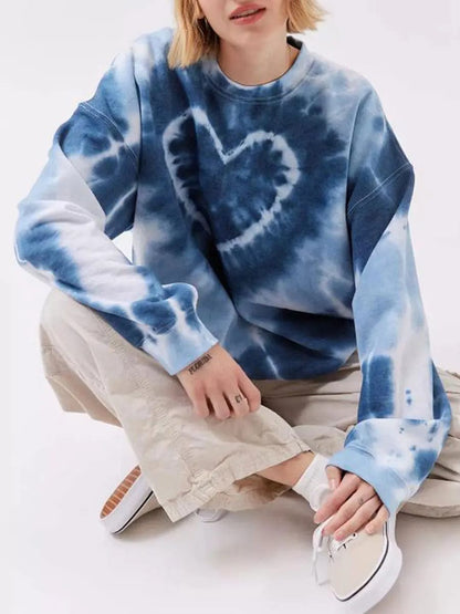 Eleganza Italiana Heart Tie Dye Print Sweatshirts for Women Spring Autumn Loose Long Sleeve Crewneck Pullovers Tops Y2K Grunge Hoodie Streetwear Streetwear high fashion shein amazon temu target Walmart online