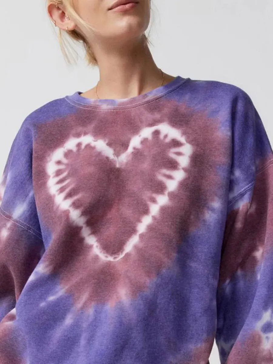 Eleganza Italiana Heart Tie Dye Print Sweatshirts for Women Spring Autumn Loose Long Sleeve Crewneck Pullovers Tops Y2K Grunge Hoodie Streetwear Streetwear high fashion shein amazon temu target Walmart online