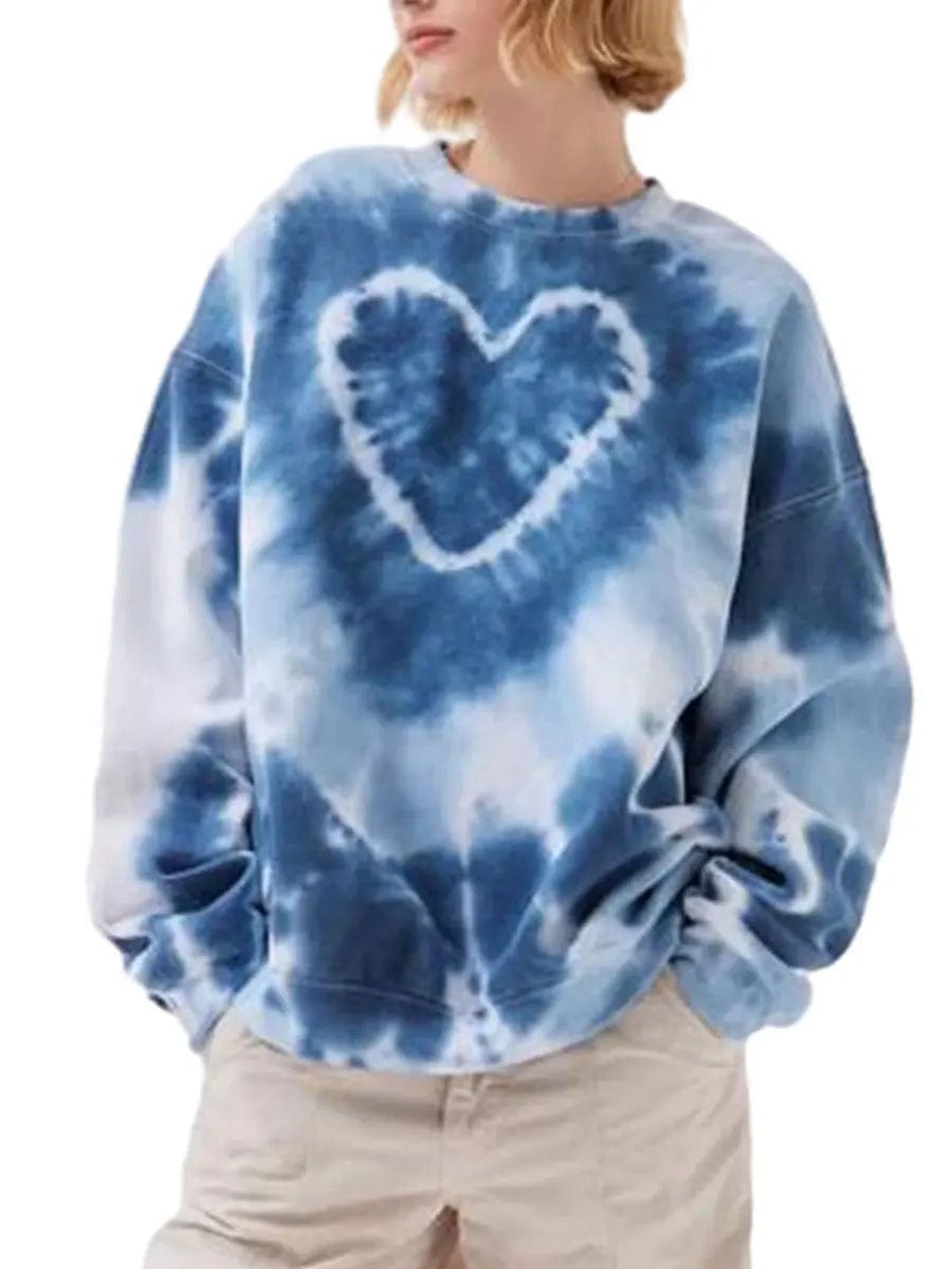 Eleganza Italiana Heart Tie Dye Print Sweatshirts for Women Spring Autumn Loose Long Sleeve Crewneck Pullovers Tops Y2K Grunge Hoodie Streetwear Streetwear high fashion shein amazon temu target Walmart online