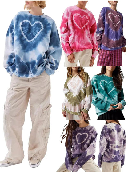 Eleganza Italiana Heart Tie Dye Print Sweatshirts for Women Spring Autumn Loose Long Sleeve Crewneck Pullovers Tops Y2K Grunge Hoodie Streetwear Streetwear high fashion shein amazon temu target Walmart online