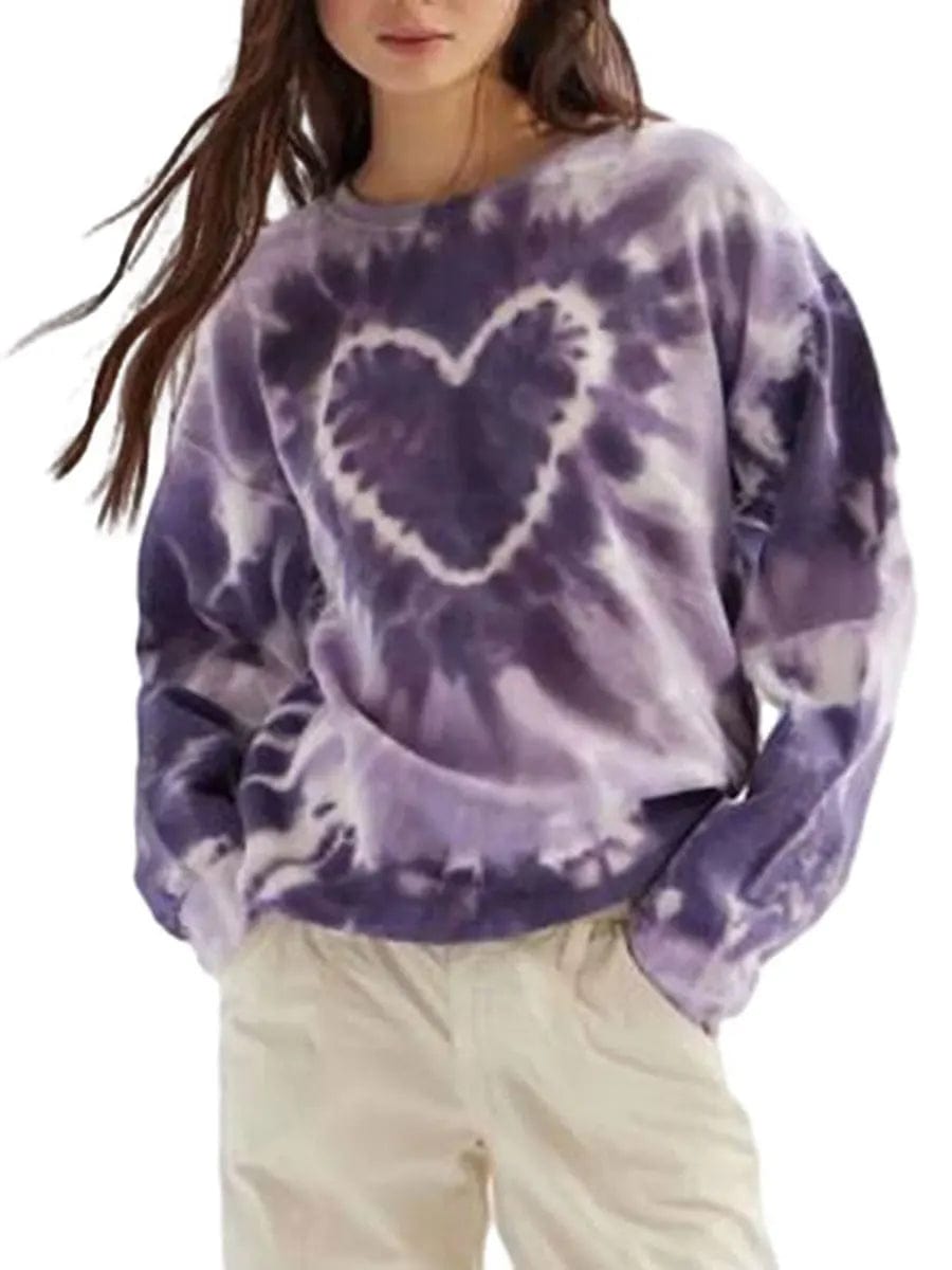 Eleganza Italiana Heart Tie Dye Print Sweatshirts for Women Spring Autumn Loose Long Sleeve Crewneck Pullovers Tops Y2K Grunge Hoodie Streetwear Streetwear high fashion shein amazon temu target Walmart online