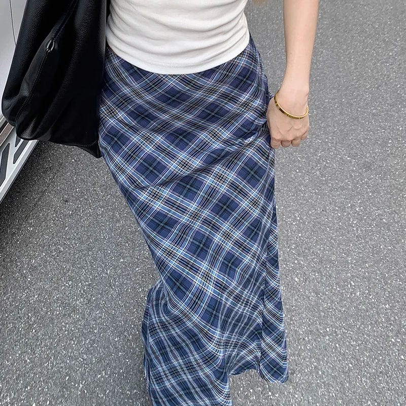 Eleganza Italiana HEYounGIRL Cute Autumn Blue Maxi Skirt Plaid Print Y2K Street Style Women Back Slit Mermaid Long Skirts Korean Casual Outfits Streetwear high fashion shein amazon temu target Walmart online