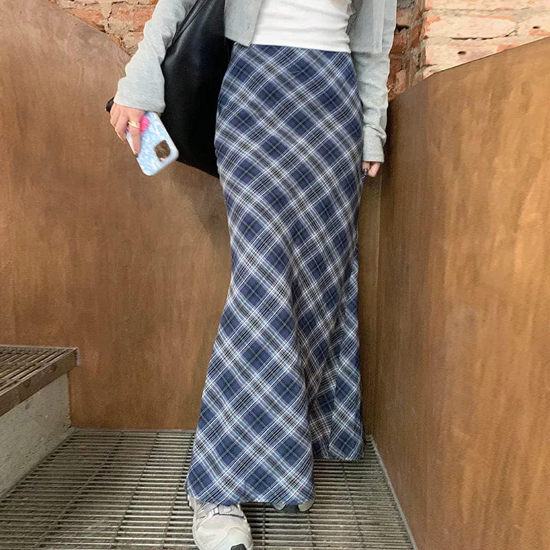 Eleganza Italiana HEYounGIRL Cute Autumn Blue Maxi Skirt Plaid Print Y2K Street Style Women Back Slit Mermaid Long Skirts Korean Casual Outfits Streetwear high fashion shein amazon temu target Walmart online