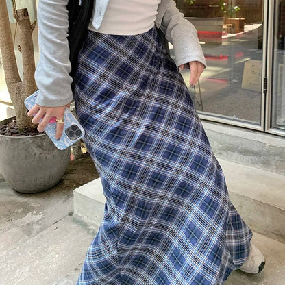 Eleganza Italiana HEYounGIRL Cute Autumn Blue Maxi Skirt Plaid Print Y2K Street Style Women Back Slit Mermaid Long Skirts Korean Casual Outfits Streetwear high fashion shein amazon temu target Walmart online