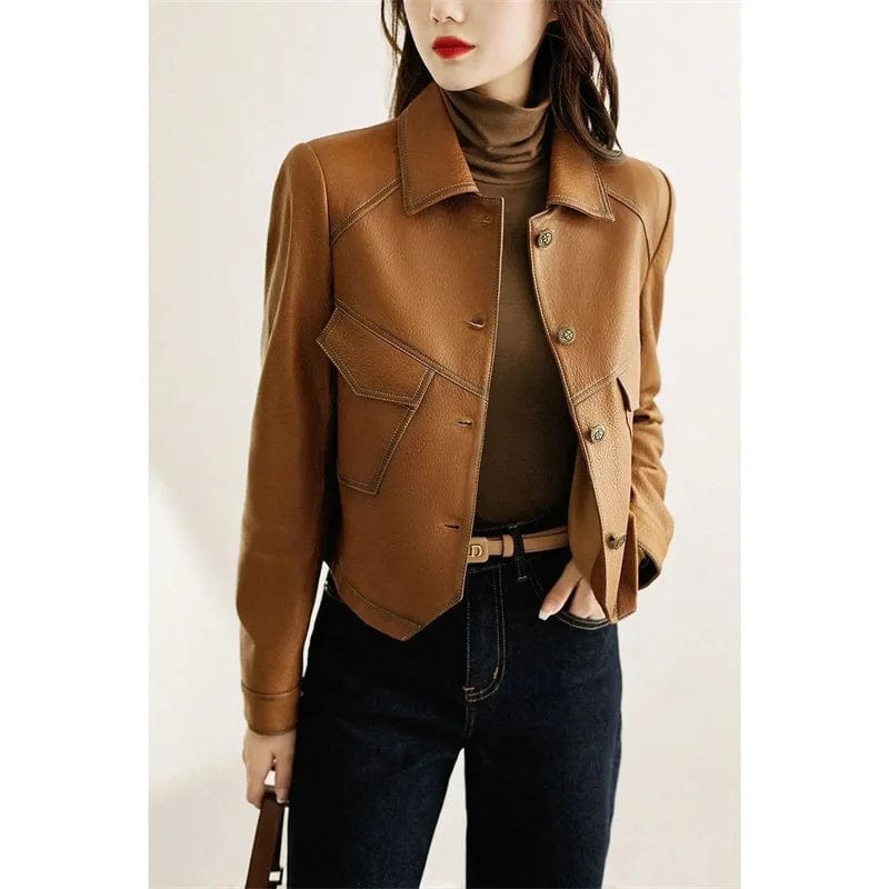 Eleganza Italiana High-End Brown Women Bike Coat PU Leather Outwear Button Outfit Spring Autumn Women Fashion Short Thin Female Jacket Black 2023 Streetwear high fashion shein amazon temu target Walmart online