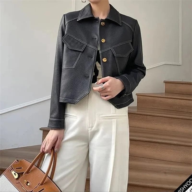 Eleganza Italiana High-End Brown Women Bike Coat PU Leather Outwear Button Outfit Spring Autumn Women Fashion Short Thin Female Jacket Black 2023 Streetwear high fashion shein amazon temu target Walmart online