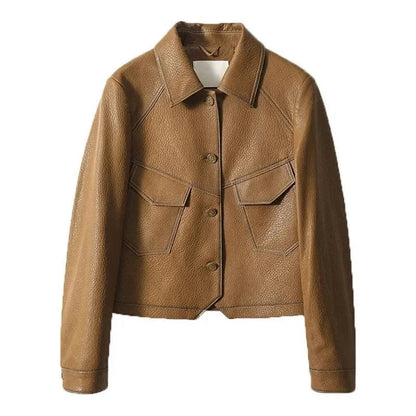 Eleganza Italiana High-End Brown Women Bike Coat PU Leather Outwear Button Outfit Spring Autumn Women Fashion Short Thin Female Jacket Black 2023 Streetwear high fashion shein amazon temu target Walmart online